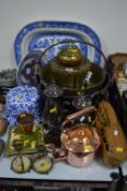 VARIOUS SUNDRY ITEMS, to include blue and white 'Willow' platter, brass trivet Rd133047, jam pan,