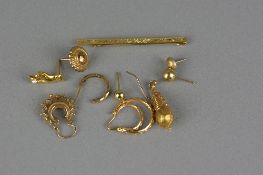A MISCELLANEOUS COLLECTION OF ODD EARRINGS AND A RUBY SET TIE SLIDE, approximate gross weight 6.5