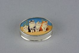 A STERLING PILL BOX, decorated with kittens