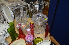 A SMALL GROUP OF GLASSWARES, to include etched claret jug with plated top, cut glass biscuit barrel,