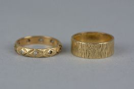 A 9CT TEXTURED BAND, ring size J, together with a 9ct dress ring (missing numerous stones), ring