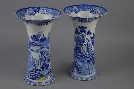A PAIR OF MASONS TRUMPET VASES, 'Willow' pattern, approximate height 31cm (hairline to one) (2)