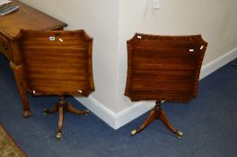 A PAIR OF MODERN RACKSTRAW MAHOGANY CONCAVE TILT TOP TRIPOD TABLES, on brass caps and casters