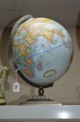 A MODERN 'REPLOGLE' PAPER COVERED GLOBE ON STAND, 12'' diameter, height 43cm