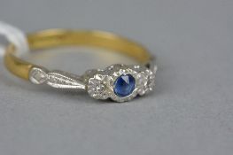 A MID 20TH CENTURY SAPPHIRE AND DIAMOND RING, estimated eight cut diamond weight 0.02ct, ring size
