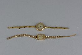TWO EARLY 20TH CENTURY 9CT GOLD LADIES WRISTWATCHES, one rectangular case dial signed 'Aston',