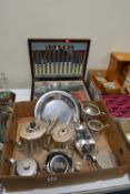 A COLLECTION OF MIXED PLATED WARE, canteen, etc