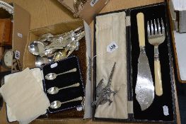 A QUANTITY OF MIXED PLATED CUTLERY, fish servers, a pair of plated Pheasants, boxed silver