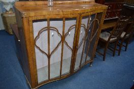 A WALNUT GLAZED TWO DOOR CHINA CABINET, (sd), a pine stool and a mahogany corner TV stand (3)