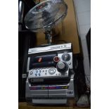 A SAMSUNG HIFI AND TWO SPEAKERS (spares and repairs) and a chromed fan (4)