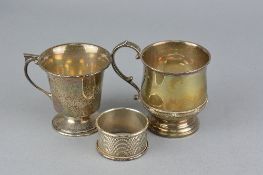 TWO SMALL SILVER MUGS, and napkin ring