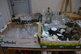 FOUR BOXES OF LOOSE CERAMICS AND GLASSWARE, to include Susie Cooper, Raymond Loewy 'charcoal' tea