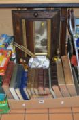 A SMALL BOX OF BOOKS TOGETHER WITH A PICTURE, frames, brass lamp base and two ceramic items