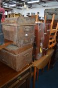 TWO TIN TRUNKS, travelling suitcase and three other suitcases