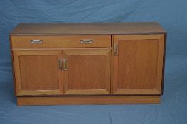 A G-PLAN FRESCO TEAK SIDEBOARD, with a single long drawer and three assorted cupboard doors,