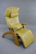 THE PERFECT CHAIR, zero gravity reclining armchair, covered in olive green leather upholstery (in