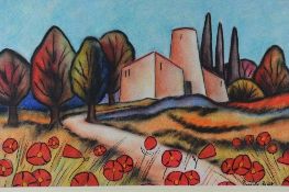 PASCALE BIGOT (FRENCH, CONTEMPORARY), Landscape study of Poppies by a path, pastel, signed lower