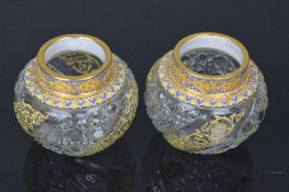 A PAIR OF MOSER BALUSTER VASES, having gilt and enamel decoration to the rim and shoulder over