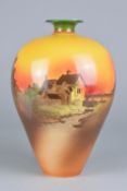 A SHELLEY 'SURREY SCENERY' BALUSTER VASE, printed and tinted with a cottage scene, printed and