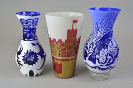THREE STUDIO ART GLASS VASES, all are decorated in a cameo style, the first is signed J. Everton and