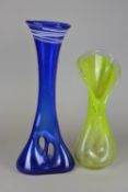 TWO PIECES OF STUDIO ART GLASS, comprising a blue vase with pierced decoration to the body and a