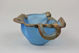 A BLUE STUDIO ART GLASS VASE, with a metal applied rim, the body having a wavy form with the rim