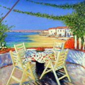 KEN DEVINE, (BRITISH, CONTEMPORARY), 'Breakfast Terrace', an original oil painting on canvas of a