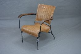 A REPRODUCTION WIRE FRAMED ARMCHAIR, with teak armrest covered in brown leather upholstery to the