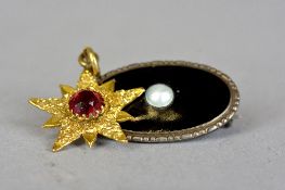 A MARIUS HAMMER ENAMELLED SILVER OVAL BROOCH, the centre raised white enamelling imitating pearl