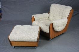 A G-PLAN TEAK SADDLE ARMCHAIR AND STOOL, in the style of Ib Kofod Larsen, covered in oatmeal draylon