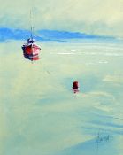 J. BARTLETT ?, 'Red Boat At Penryn', an original oil on board painting of a red boat tied to a buoy,