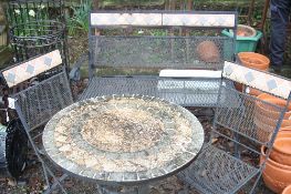 A MODERN METAL AND TILE GARDEN TABLE, two folding chairs and a bench (4)