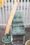 A METAL GARDEN CHAIR AND CAST IRON STAND, (3)