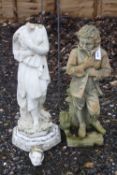 TWO COMPOSITE GARDEN FIGURES, one of a boy, the other a lady (damaged), boy stands 77cm high (2)