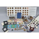 A BOX OF MIXED COINAGE, to include two Festival Crown coins 1951, a small coin album, banknotes,