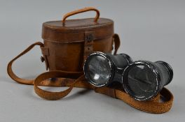 A PAIR OF SMALL BLACK METAL SPOTTING FIELD GLASSES, marked W. Gregory & Co, Strand London, the brown