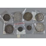 A GROUP OF EARLY SILVER COINS, to include Charles II Crown 1667 and 1671 with Graffiti, William II