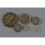 A BAG CONTAINING A SMALL AMOUNT OF SILVER COINS, to include George III halfcrown 1823, crown 1887,