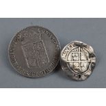 A WILLIAM AND MARY HALFCROWN 1689, second reverse, together with an Elizabeth 1st holed sixpence