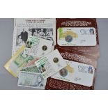 TWO CROWN COIN STAMP COVERS, Queen Mother, four banknotes, Gill five pound unc, two one pounds