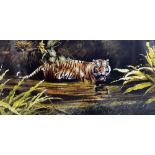 SPENCER HODGE (BRITISH, 20TH CENTURY) 'Warning' a limited edition print of a Tiger in water 286/500,