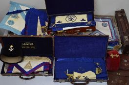 FOUR LEATHER CASES OF MASONIC REGALIA, and two large bags of Masonic regalia