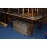 A VICTORIAN PINE TOPPED REFECTORY KITCHEN TABLE, on turned mahogany legs, approximate size width