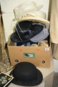VARIOUS HATS, HANDBAGS ETC, to include a Dunn & Co bowler hat, with paper label 350/718, 'The