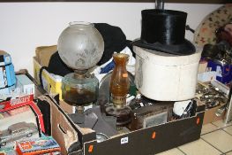 TWO BOXES OF SUNDRIES, to include boxed black top hat, initials G H inside, 'Christy's London',