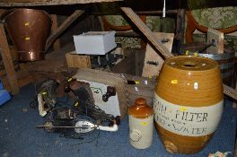 TWO VINTAGE WOODEN CRATES, tin trunk, glazed stoneware water filter, coopered barrel, two pairs of