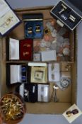 A BOX OF VARIOUS CUFFLINKS, costume jewellery, etc