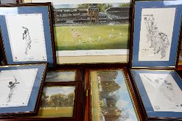 EIGHT CRICKET INTEREST PRINTS, some signed by cricket players, the first 'Ashes 89', a print by