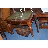 A VICTORIAN MAHOGANY DESK, with a green leather tooled inlay top and two short drawers,