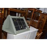 A PAINTED LEAD GLAZED HANGING CORNER CUPBOARD, an oak sewing box and a telephone stand (3)